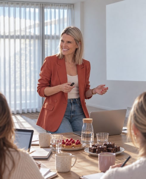 Sarah geeft de club social workshop aan tafel vol koffie en gebak